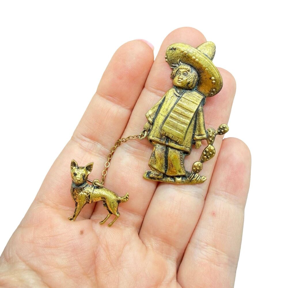 Vintage Mexican boy with Chihuahua Dog Brooch  Sombrero Brooch Folk Art Jewelry